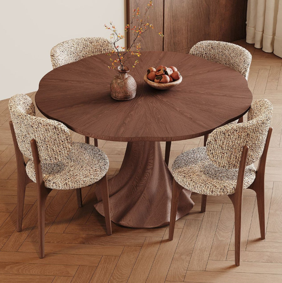 Round Solid Wood Pedestal Dining Table & Bouclé Chair Set, view 4