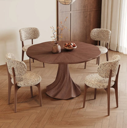 Round Solid Wood Pedestal Dining Table & Bouclé Chair Set